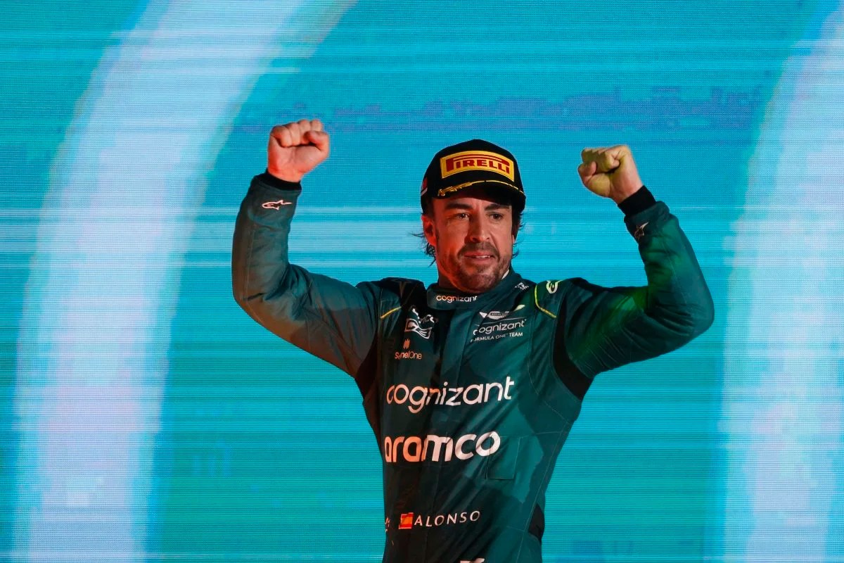   Fernando Alonso celebrates a podium finish in Bahrain for the first race of 2023  
